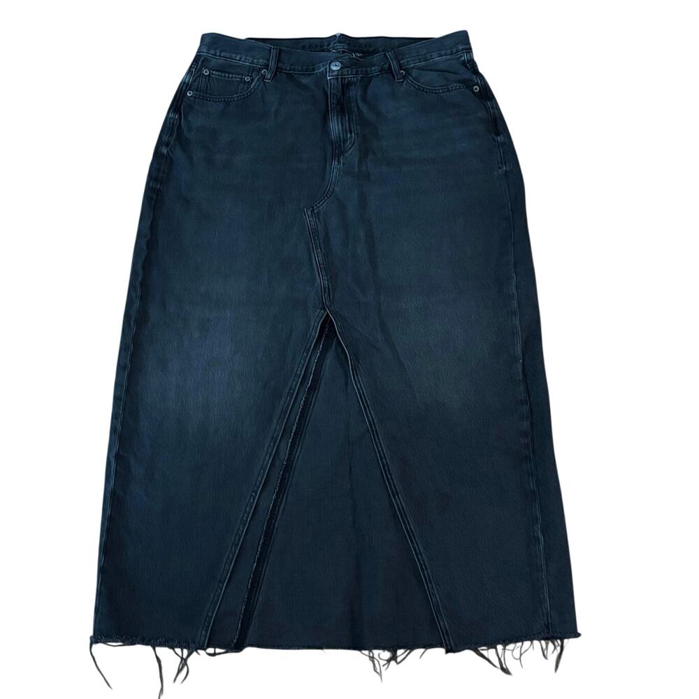 American Eagle Plus Size 16 Denim Maxi Skirt Vintage Black Front Slit Raw Hem